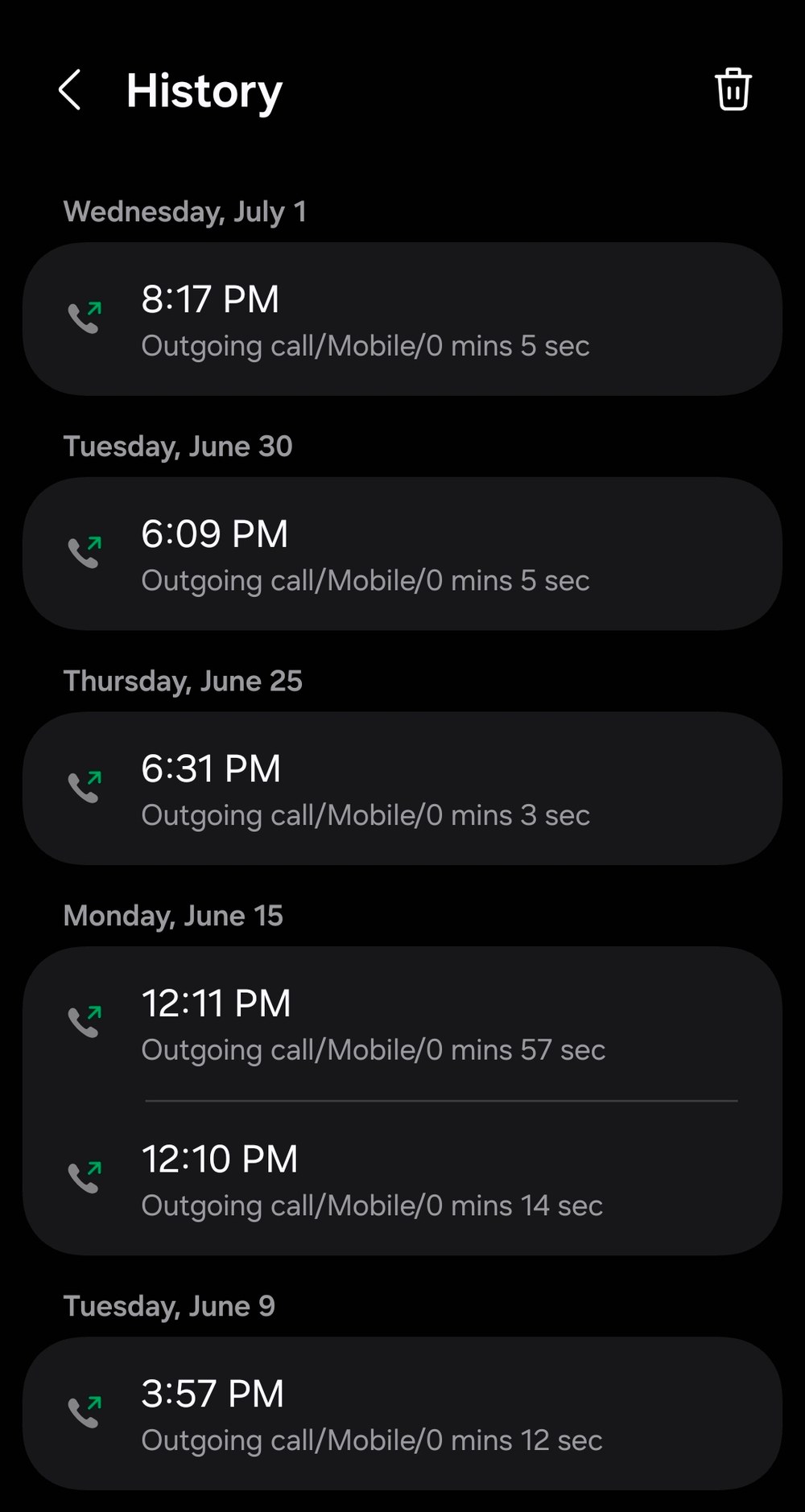 Phone call history showing six outgoing calls between June 9 and July 1, each lasting under one minute.