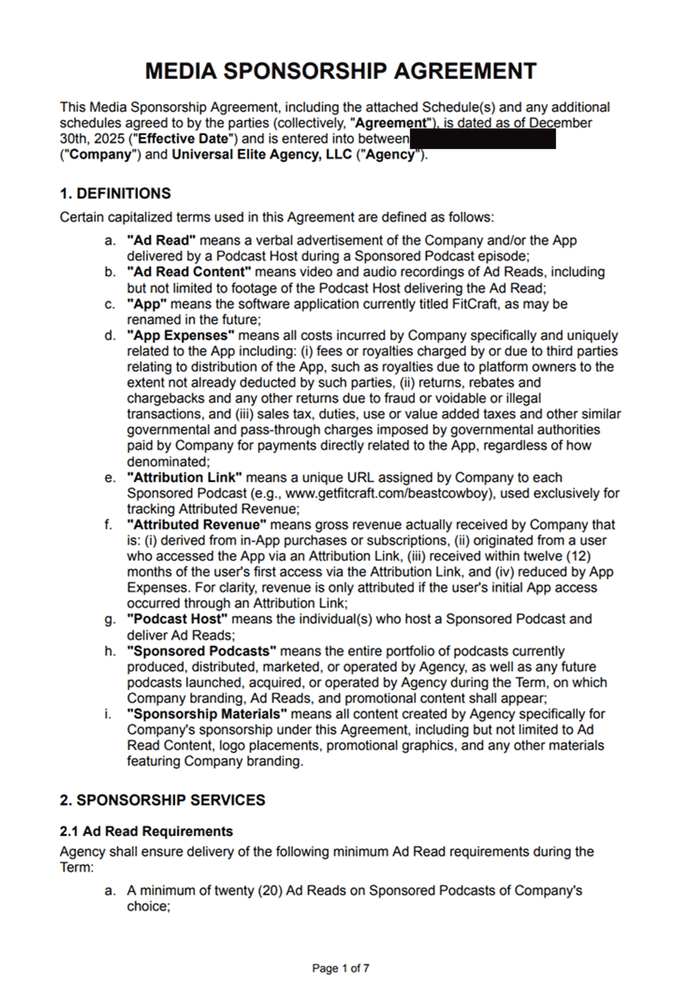 Page 1 of the Media Sponsorship Agreement with Universal Elite Agency LLC, dated December 30, 2025, showing the definitions section and the start of Section 2.1 requiring a minimum of twenty ad reads.