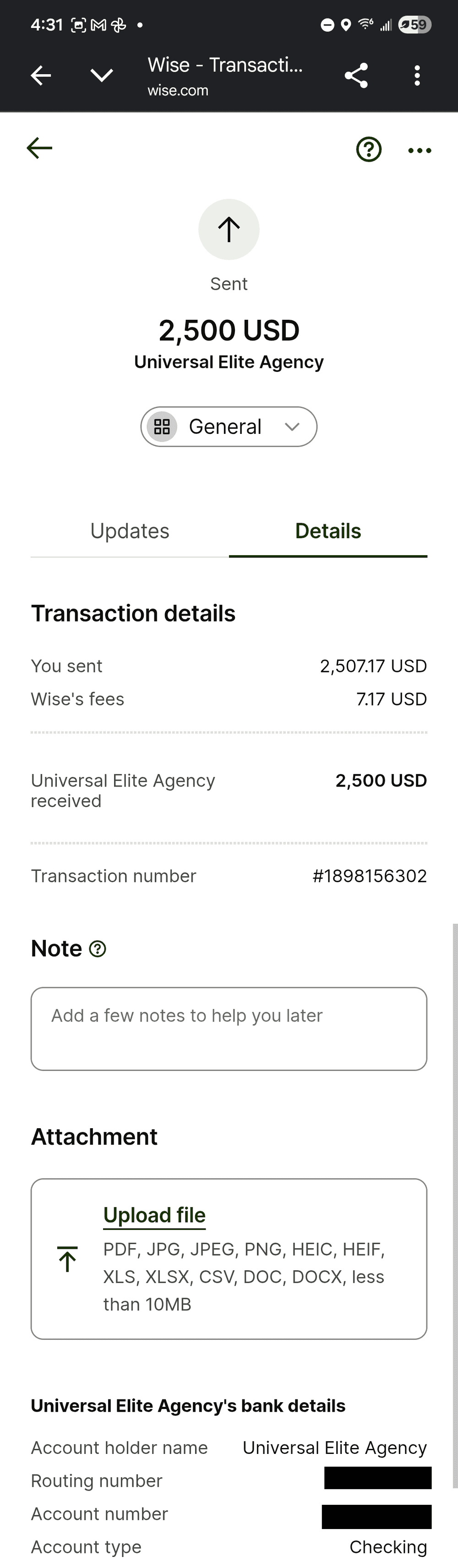 Wise transfer confirmation showing 2,500 USD sent to Universal Elite Agency, transaction number 1898156302, with account and routing numbers redacted.